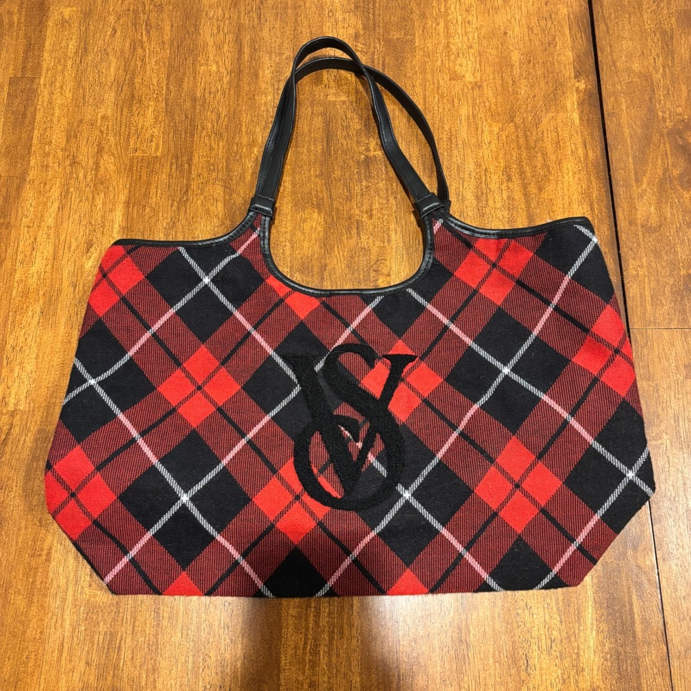 Victoria's Secret Tote Bag Plaid Large Fabric Red Black Holiday Preppy Classic